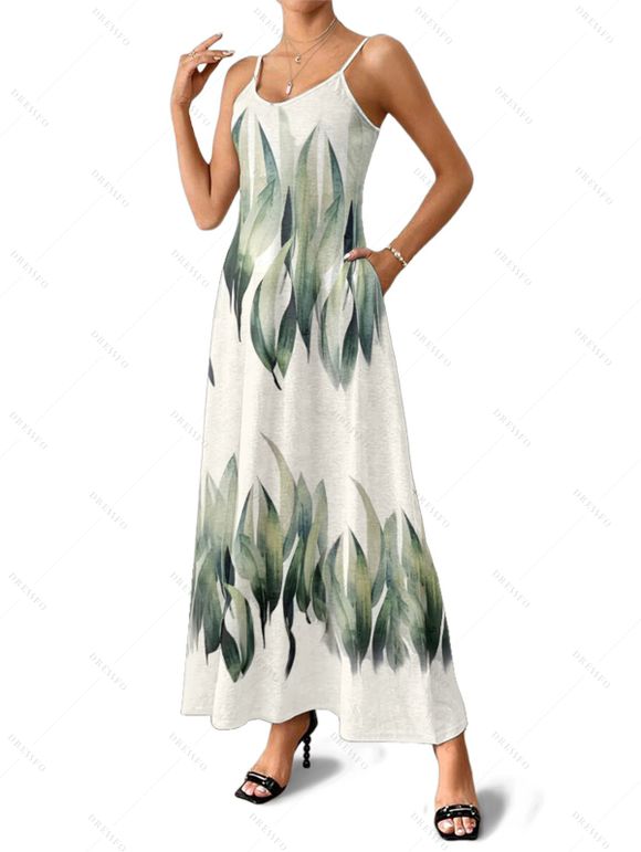 Robe de vacances à motif de feuilles avec poches et bretelles spaghetti réglables, coupe trapèze, longue et décontractée - Vert XL | US 12