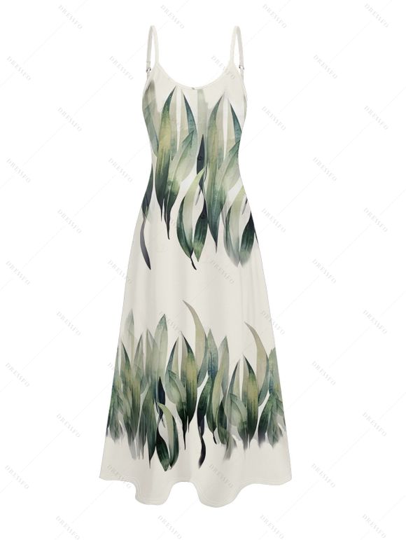 Robe de vacances à motif de feuilles avec poches et bretelles spaghetti réglables, coupe trapèze, longue et décontractée - Vert XL | US 12