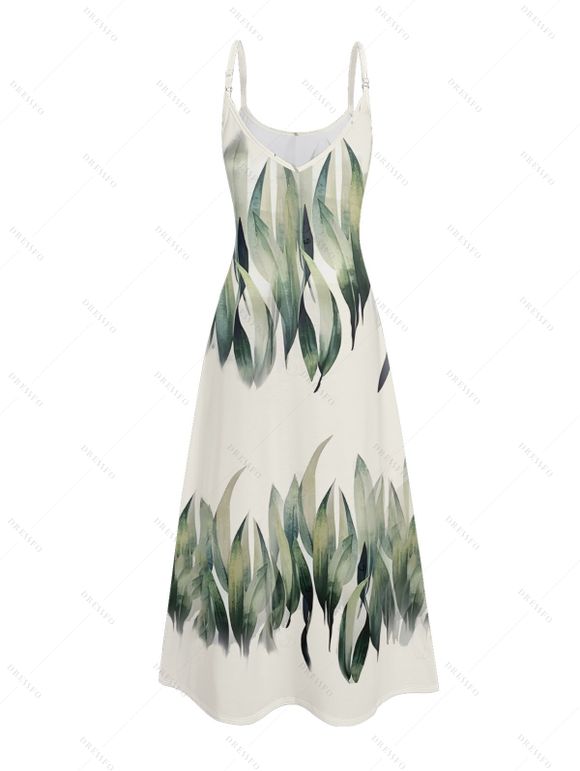 Robe de vacances à motif de feuilles avec poches et bretelles spaghetti réglables, coupe trapèze, longue et décontractée - Vert XL | US 12
