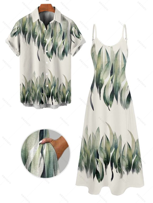 Vacation Couple Outfit Leaf Pattern Pocket Adjustable Spaghetti Strap A Line Long Tank Dress and Button Up Shirt Casual Matching Outfit - Vert S | US 4