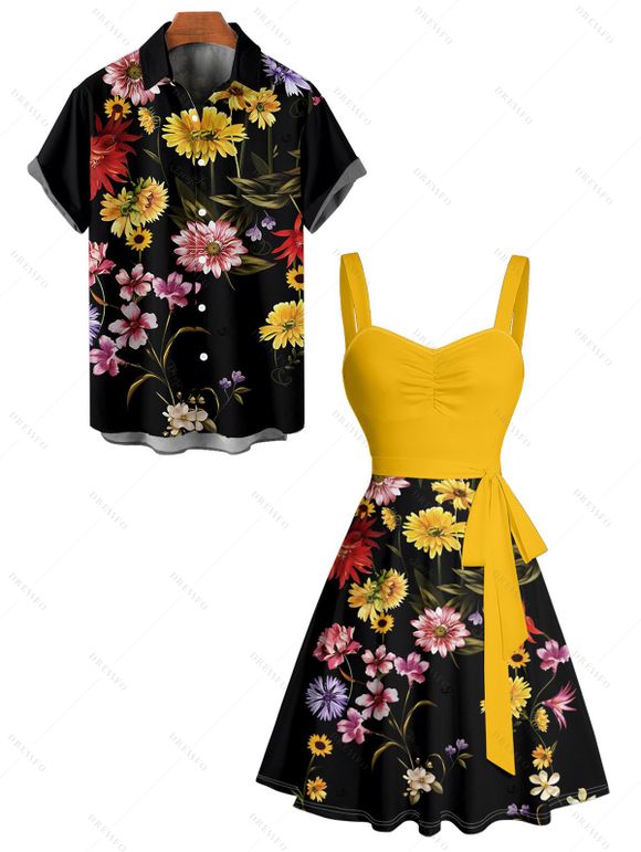 Vacation Couple Outfit Colored Flower Pattern Colorblock Ruched Bust Belt Sweetheart Neck A Line Mini Dress and Button Up Shirt Casual Matching Outfit - Jaune S | US 4
