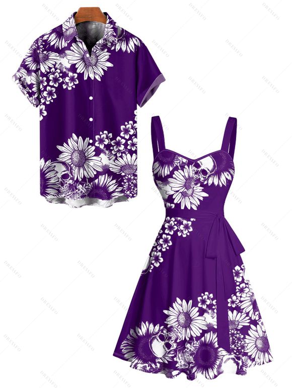 Vacation Couple Outfit Daisy Flower Pattern Ruched Bust Belt Sweetheart Neck A Line Mini Dress and Button Up Shirt Casual Matching Outfit - Concorde S | US 4