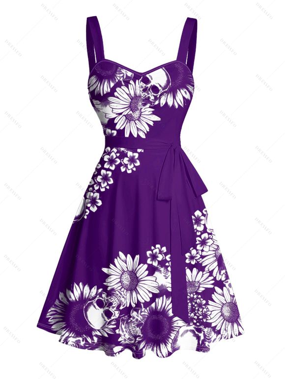 Vacation Couple Outfit Daisy Flower Pattern Ruched Bust Belt Sweetheart Neck A Line Mini Dress and Button Up Shirt Casual Matching Outfit - Concorde S | US 4