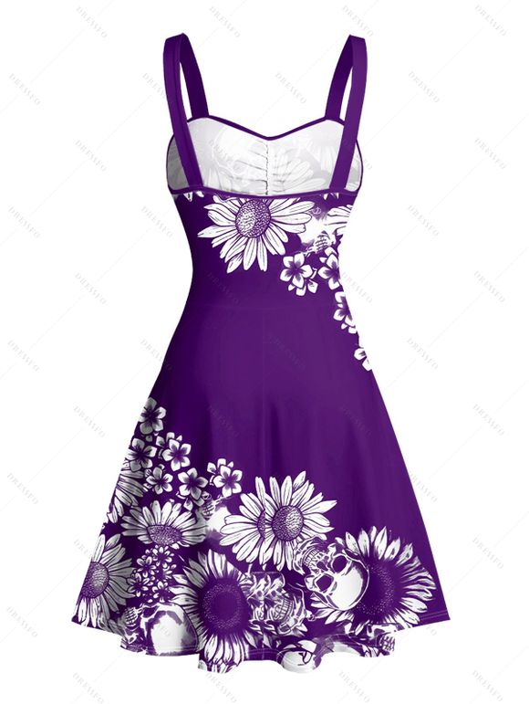 Vacation Couple Outfit Daisy Flower Pattern Ruched Bust Belt Sweetheart Neck A Line Mini Dress and Button Up Shirt Casual Matching Outfit - Concorde S | US 4