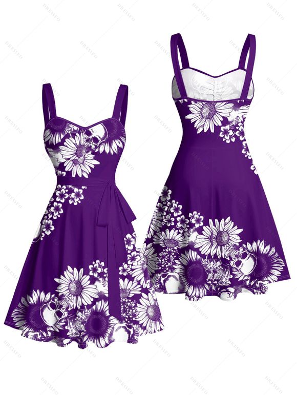 Vacation Couple Outfit Daisy Flower Pattern Ruched Bust Belt Sweetheart Neck A Line Mini Dress and Button Up Shirt Casual Matching Outfit - Concorde S | US 4