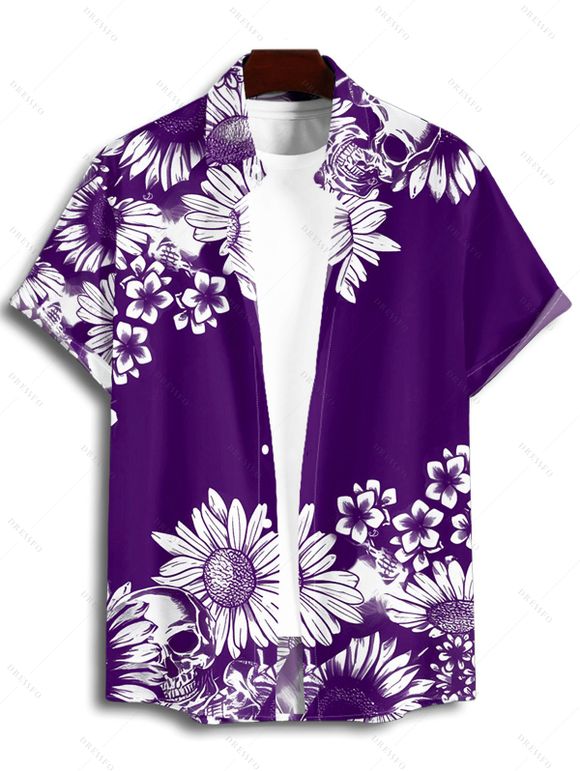 Vacation Couple Outfit Daisy Flower Pattern Ruched Bust Belt Sweetheart Neck A Line Mini Dress and Button Up Shirt Casual Matching Outfit - Concorde S | US 4