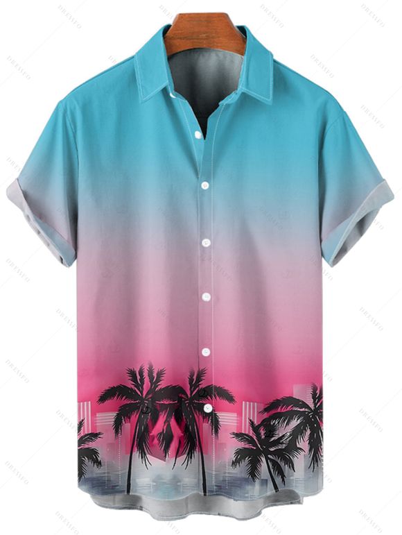 Chemise de vacances ombrée à motif cocotier pour homme, boutonnée, retroussée, manches courtes, pour la plage - multicolor 5XL