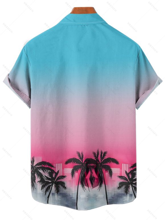 Chemise de vacances ombrée à motif cocotier pour homme, boutonnée, retroussée, manches courtes, pour la plage - multicolor 4XL