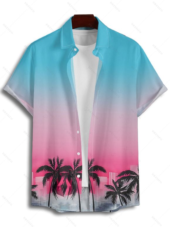 Chemise de vacances ombrée à motif cocotier pour homme, boutonnée, retroussée, manches courtes, pour la plage - multicolor 4XL
