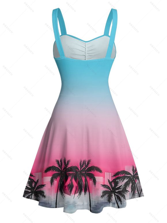 Robe de plage courte à col en cœur et ceinture ombrée avec motif cocotier et buste froncé - multicolor XXXL | US 16