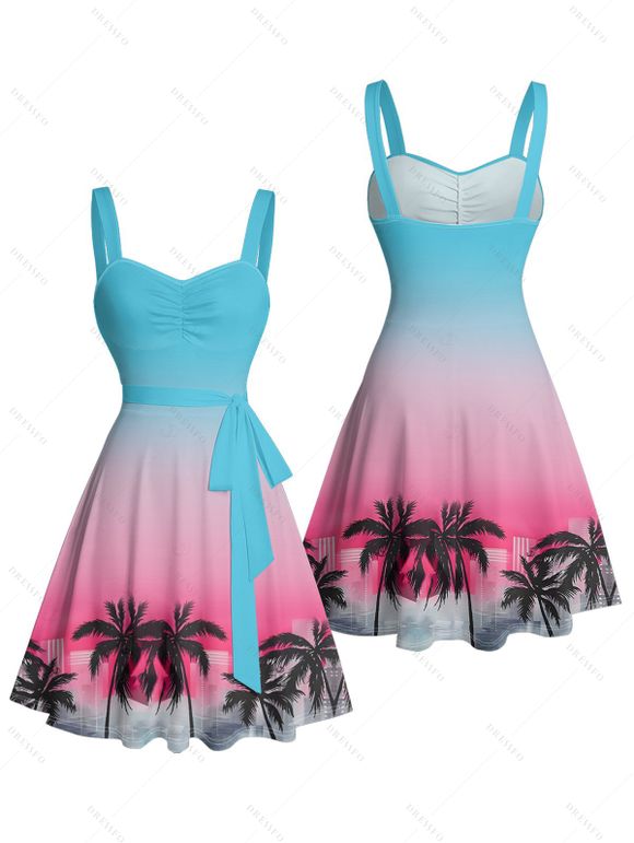 Robe de plage courte à col en cœur et ceinture ombrée avec motif cocotier et buste froncé - multicolor XXXL | US 16