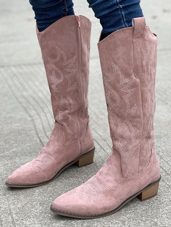 Leaf Pattern Zipper Up Pointed Toe Chunky Heels Trendy Mid Calf Boots - Rose clair EU 42