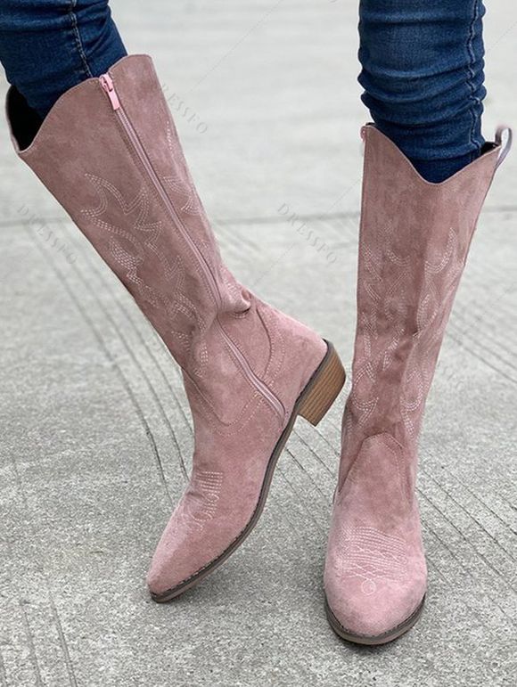 Leaf Pattern Zipper Up Pointed Toe Chunky Heels Trendy Mid Calf Boots - Rose clair EU 42