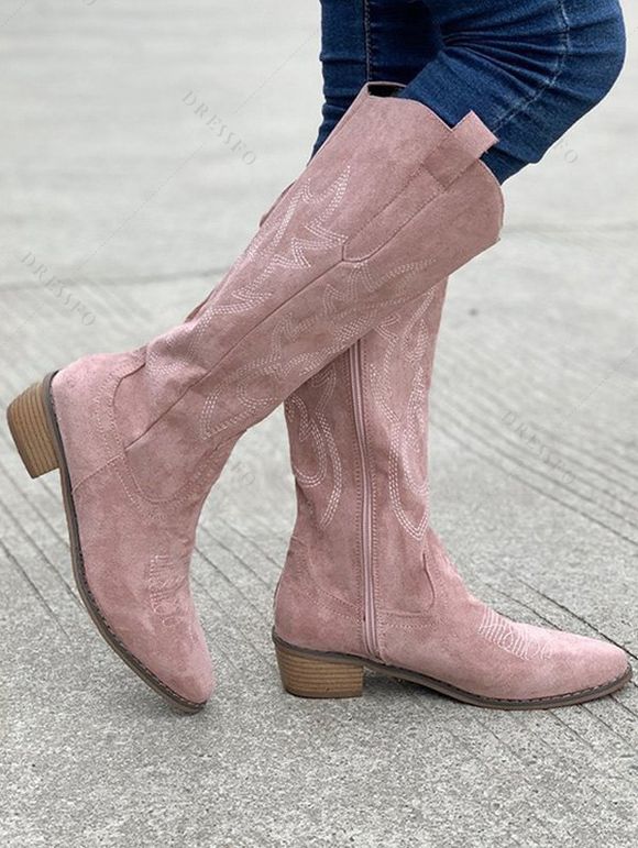 Leaf Pattern Zipper Up Pointed Toe Chunky Heels Trendy Mid Calf Boots - Rose clair EU 42