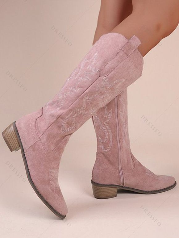 Leaf Pattern Zipper Up Pointed Toe Chunky Heels Trendy Mid Calf Boots - Rose clair EU 42