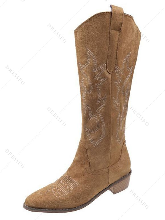 Leaf Pattern Zipper Up Pointed Toe Chunky Heels Trendy Mid Calf Boots - café EU 42