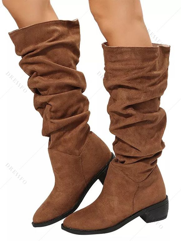 Solid Color Ruched Slip On Pointed Toe Chunky Heels Trendy Mid Calf Boots - COFFEE EU 38