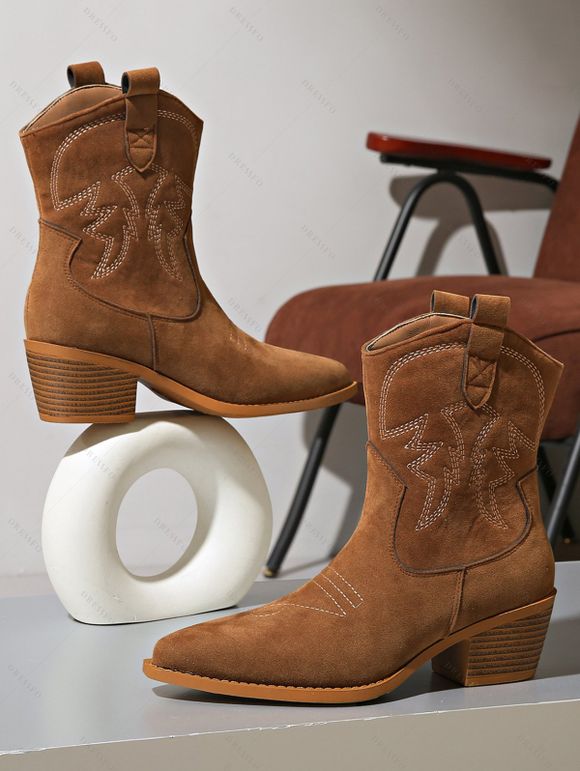 Pattern Slip On Pointed Toe Chunky Heels Vintage Boots - café EU 42