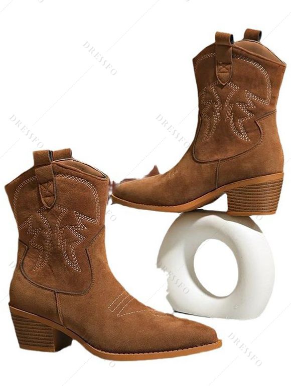 Pattern Slip On Pointed Toe Chunky Heels Vintage Boots - café EU 42