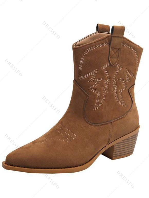 Pattern Slip On Pointed Toe Chunky Heels Vintage Boots - café EU 42