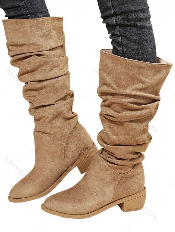 Solid Color Ruched Slip On Pointed Toe Chunky Heels Trendy Mid Calf Boots - café lumière EU 42