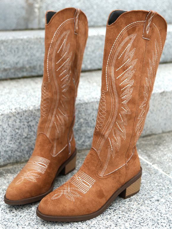 Embroidered Lined Pattern Zipper Up Pointed Toe Chunky Heels Vintage Mid Calf Boots - café EU 42