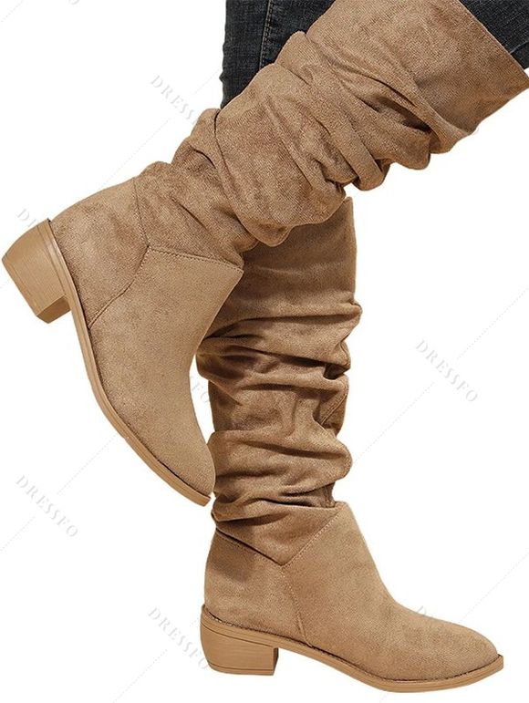Solid Color Ruched Slip On Pointed Toe Chunky Heels Trendy Mid Calf Boots - café lumière EU 42