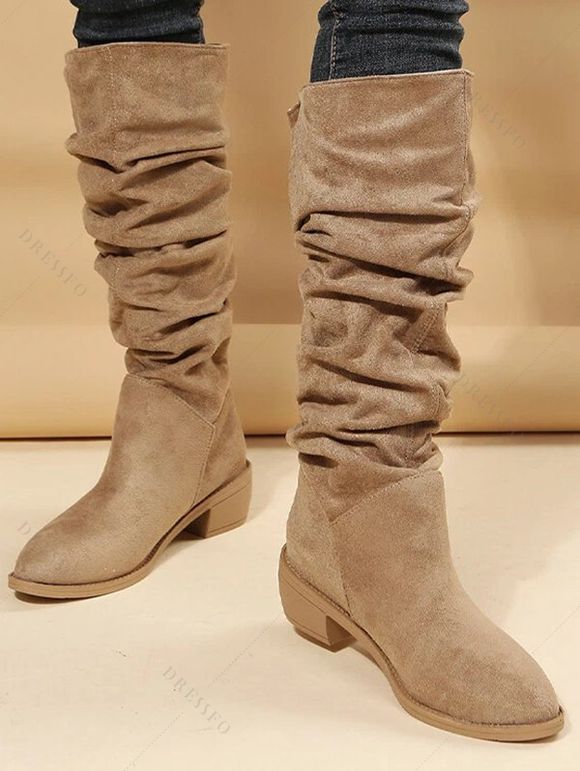 Solid Color Ruched Slip On Pointed Toe Chunky Heels Trendy Mid Calf Boots - café lumière EU 42
