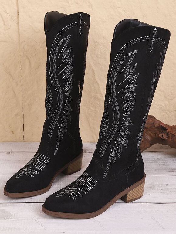 Embroidered Lined Pattern Zipper Up Pointed Toe Chunky Heels Vintage Mid Calf Boots - Noir EU 41