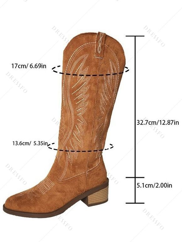 Embroidered Lined Pattern Zipper Up Pointed Toe Chunky Heels Vintage Mid Calf Boots - café EU 42