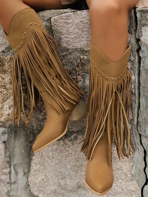 Solid Color Tassel Rivet  Pointed Toe Zipper Up Chunky Heels Vintage Mid Calf Boots - Café profond EU 43