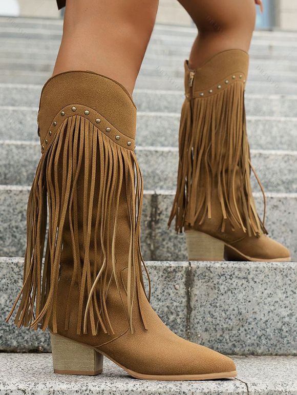 Solid Color Tassel Rivet  Pointed Toe Zipper Up Chunky Heels Vintage Mid Calf Boots - Café profond EU 43