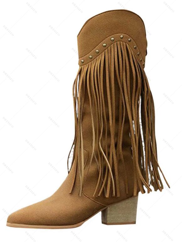 Solid Color Tassel Rivet  Pointed Toe Zipper Up Chunky Heels Vintage Mid Calf Boots - Café profond EU 43