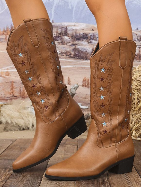 Embroidered Star Printed Pointed Toe Chunky Heels Slip On Vintage Mid-Calf Boots - café EU 42