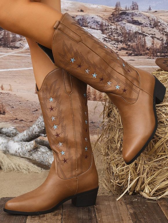 Embroidered Star Printed Pointed Toe Chunky Heels Slip On Vintage Mid-Calf Boots - café EU 42