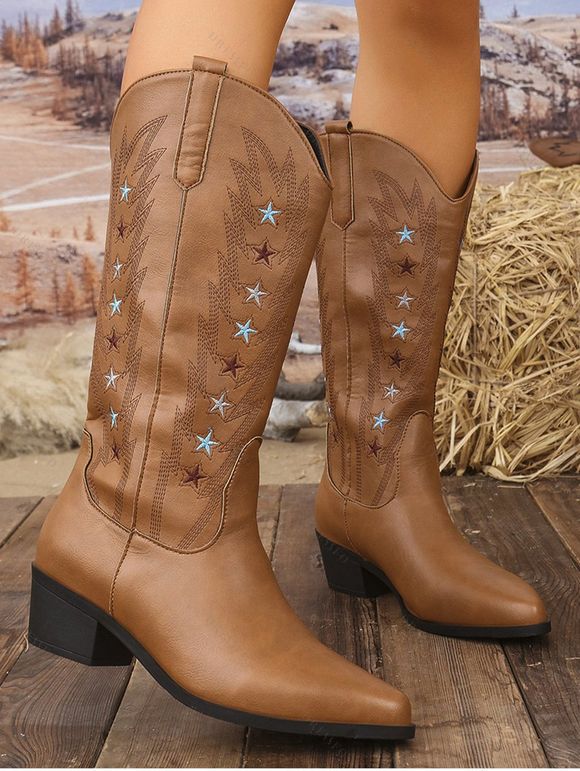 Embroidered Star Printed Pointed Toe Chunky Heels Slip On Vintage Mid-Calf Boots - café EU 42