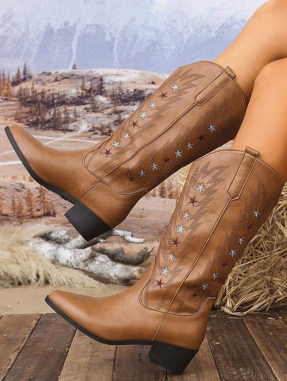 Embroidered Star Printed Pointed Toe Chunky Heels Slip On Vintage Mid-Calf Boots - café EU 42