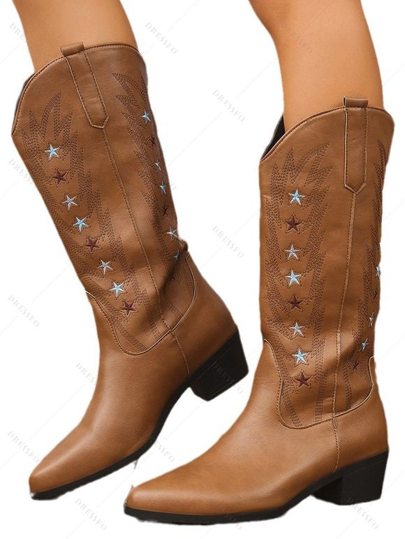 Embroidered Star Printed Pointed Toe Chunky Heels Slip On Vintage Mid-Calf Boots - café EU 42