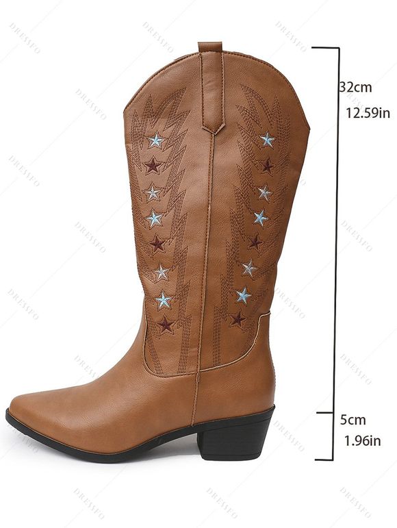 Embroidered Star Printed Pointed Toe Chunky Heels Slip On Vintage Mid-Calf Boots - café EU 42