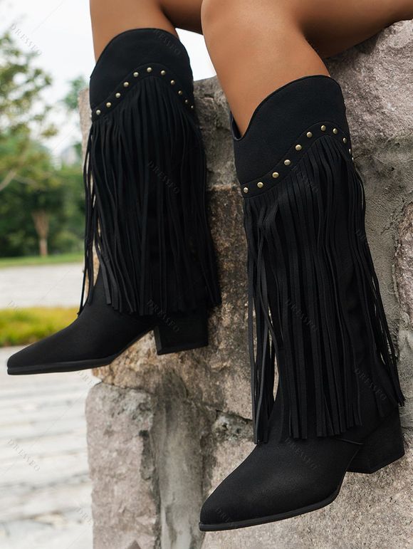 Solid Color Tassel Rivet  Pointed Toe Zipper Up Chunky Heels Vintage Mid Calf Boots - Noir EU 39
