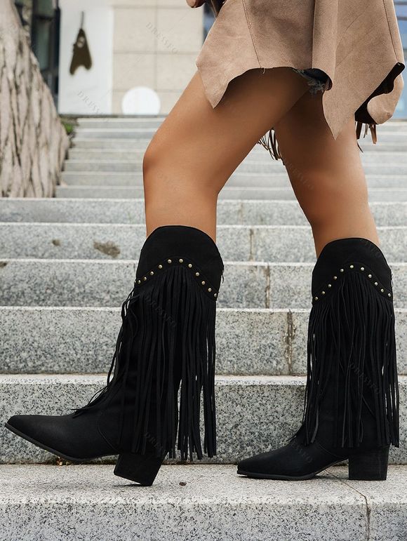 Solid Color Tassel Rivet  Pointed Toe Zipper Up Chunky Heels Vintage Mid Calf Boots - Noir EU 39