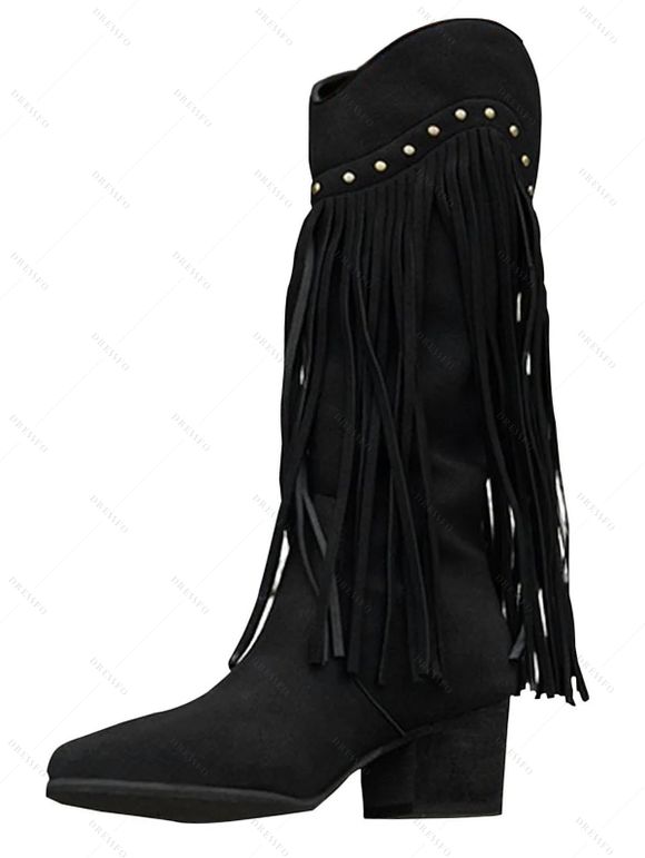 Solid Color Tassel Rivet  Pointed Toe Zipper Up Chunky Heels Vintage Mid Calf Boots - Noir EU 39