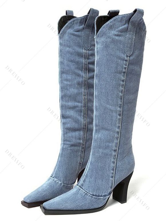 Square Toe Chunky Heels Trendy Demin Mid Calf Boots - Bleu Ciel EU 40
