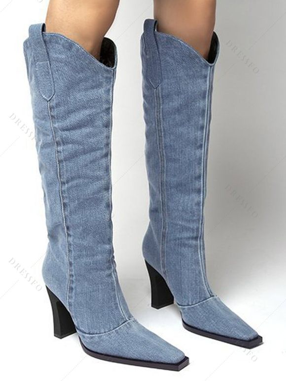 Square Toe Chunky Heels Trendy Demin Mid Calf Boots - Bleu Ciel EU 40