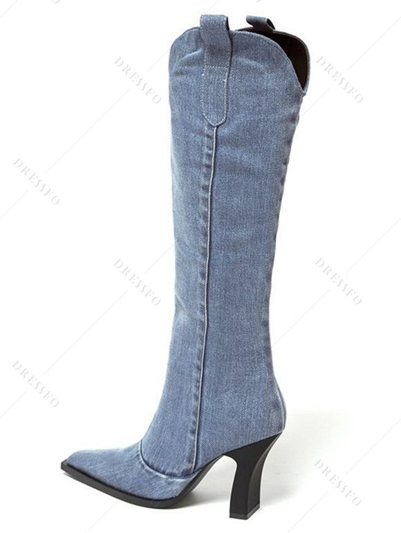 Square Toe Chunky Heels Trendy Demin Mid Calf Boots - Bleu Ciel EU 40