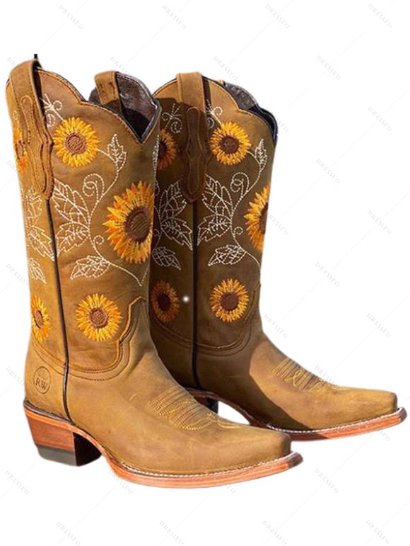 Embroidered Sunflower Leaf Pattern Zipper Up Pointed Toe Chunky Heels Outdoor Mid Calf Boots - café lumière EU 36