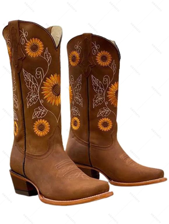 Embroidered Sunflower Leaf Pattern Zipper Up Pointed Toe Chunky Heels Outdoor Mid Calf Boots - café EU 43