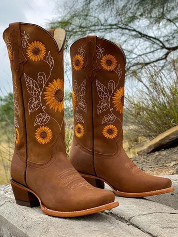 Embroidered Sunflower Leaf Pattern Zipper Up Pointed Toe Chunky Heels Outdoor Mid Calf Boots - café EU 43