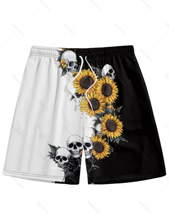 Short de plage à cordon de serrage pour homme, motif tête de mort contrastée et tournesol - Noir 3XL