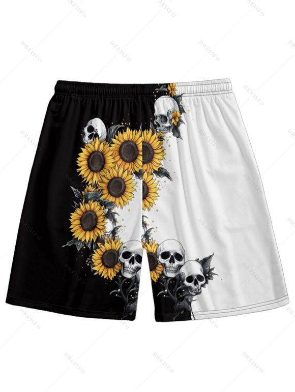 Short de plage à cordon de serrage pour homme, motif tête de mort contrastée et tournesol - Noir M